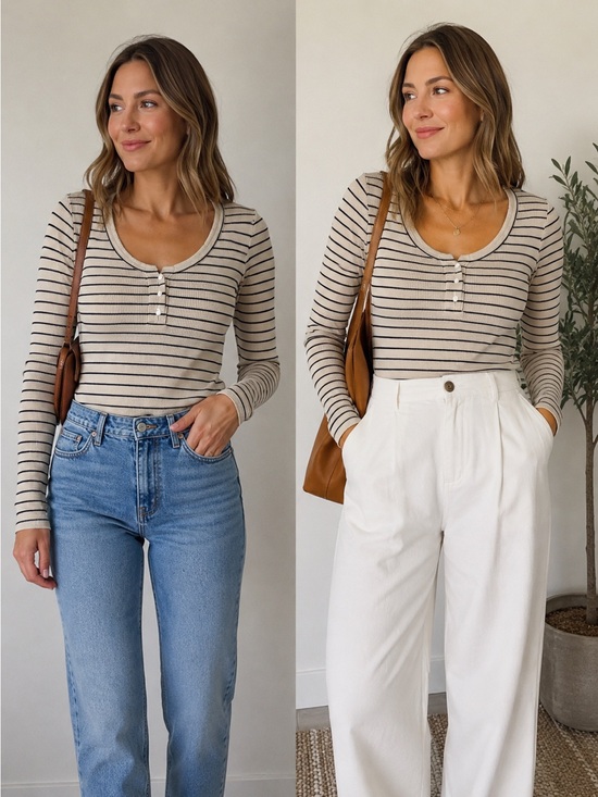 aerie Tops - aerie Beige Striped Scoop Neck Long Sleeve Henley
